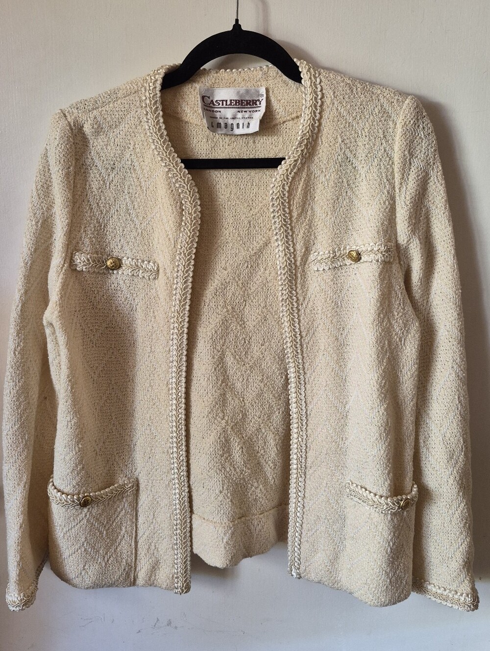 VTG Castleberry I Magnin Cream Knit Lady Jacket Gold Button